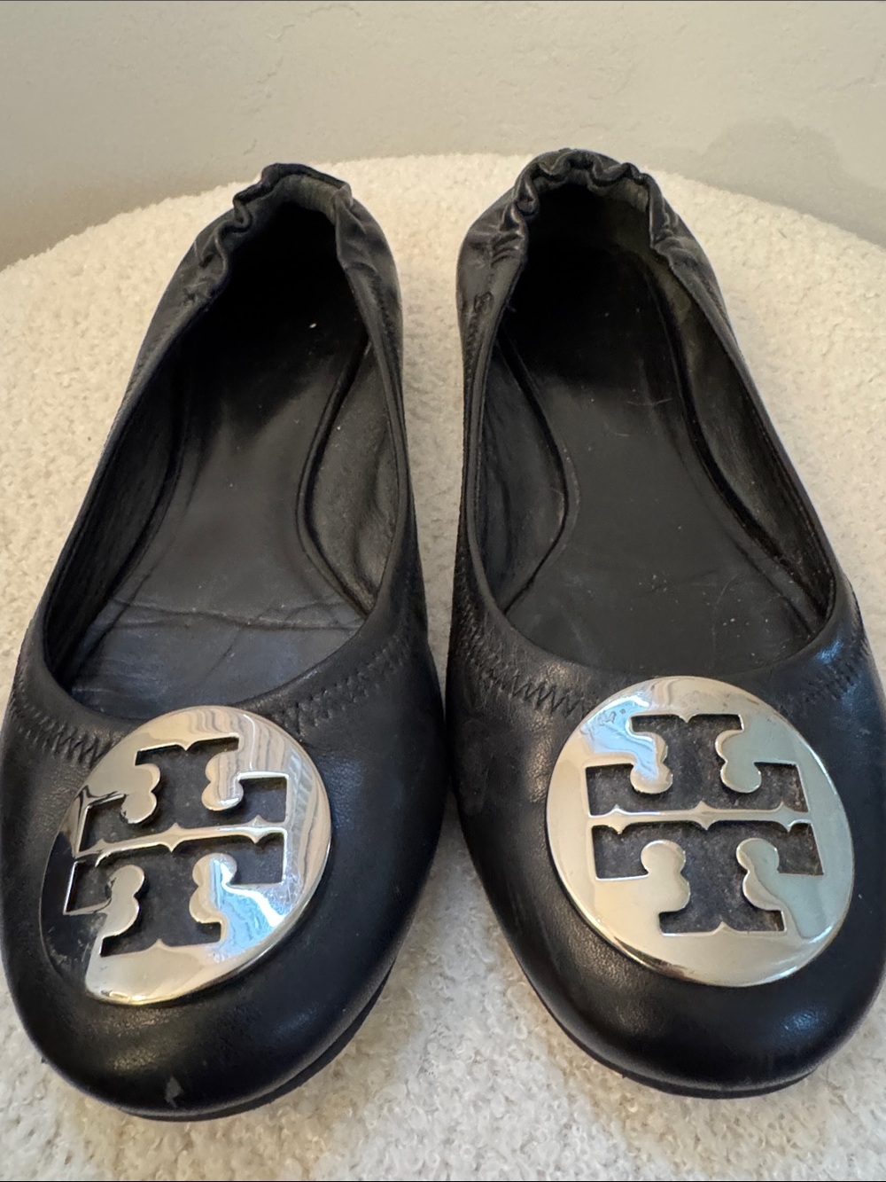 Tory Burch Black Leather Silver Logo Round-Medal Ballet Flats